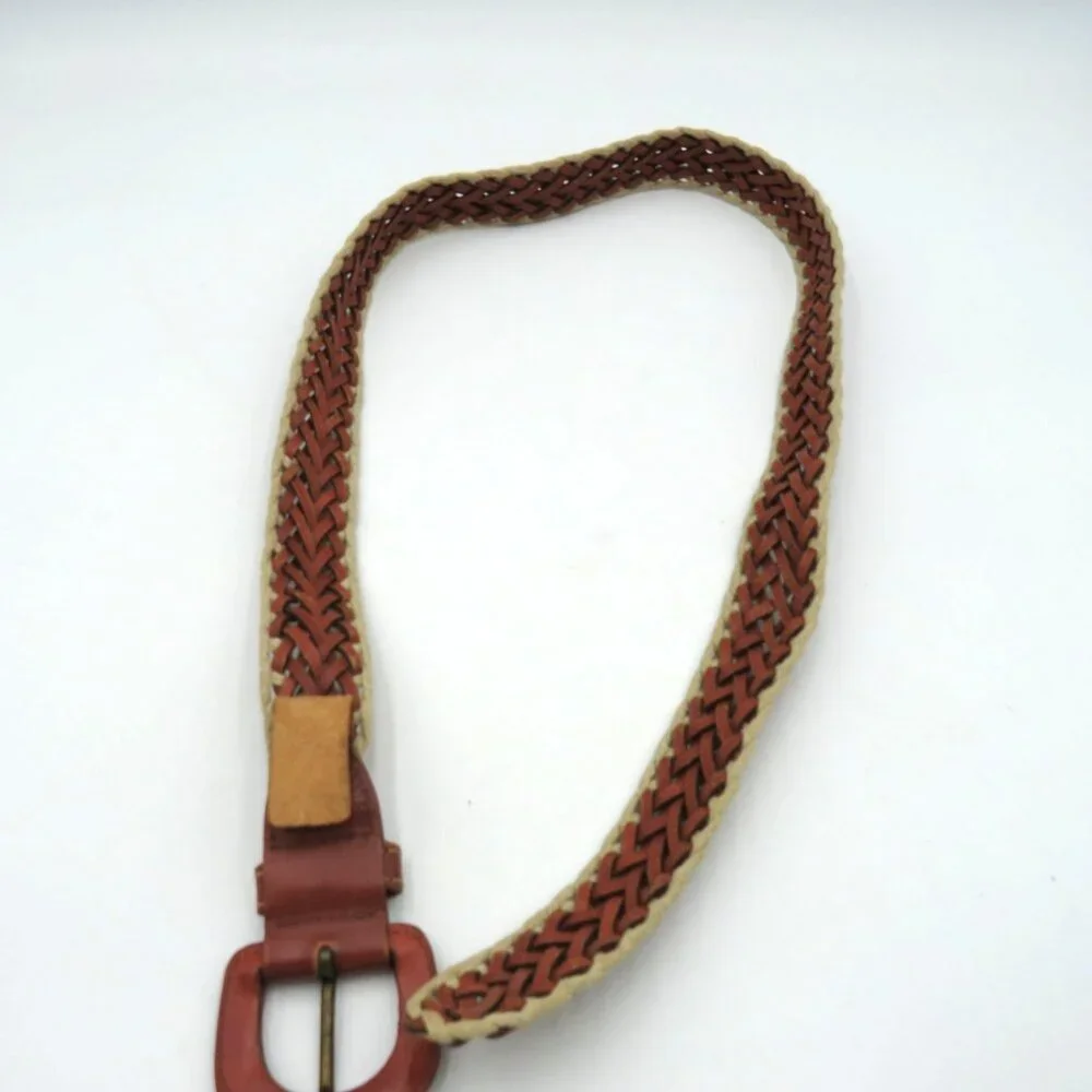 Woven Belt Womens Sz Medium Braided Genuine Leather Cotton Tan Brown Boho Hippie